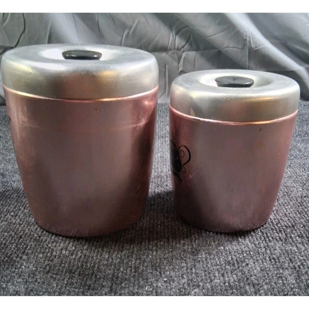 Vintage West Bend Copper Rose Gold Tea Coffee Kitchen Canisters w Silver Lid